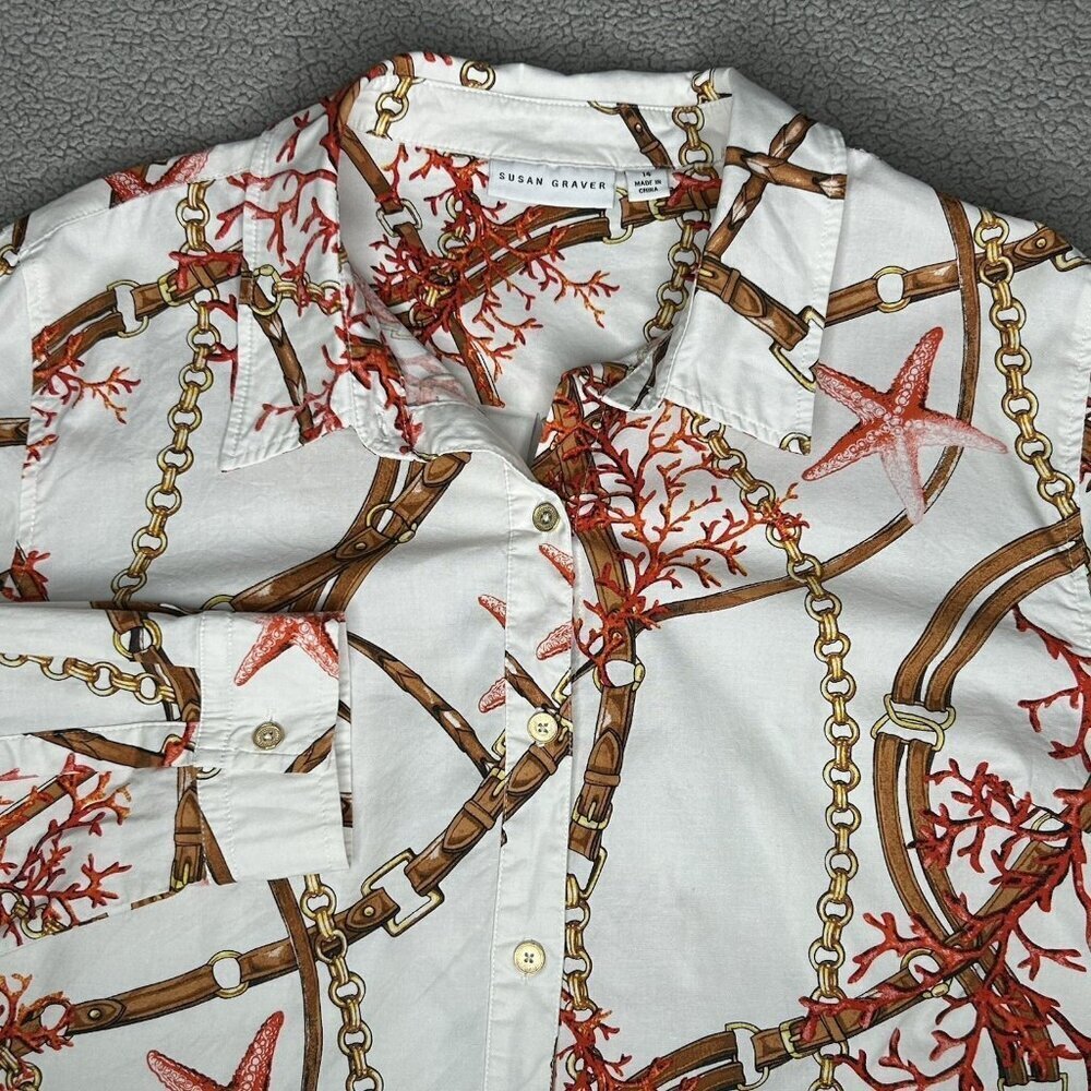 Susan Graver Top 14 Equestrian Chain Print Coastal Starfish Stretch Button Front